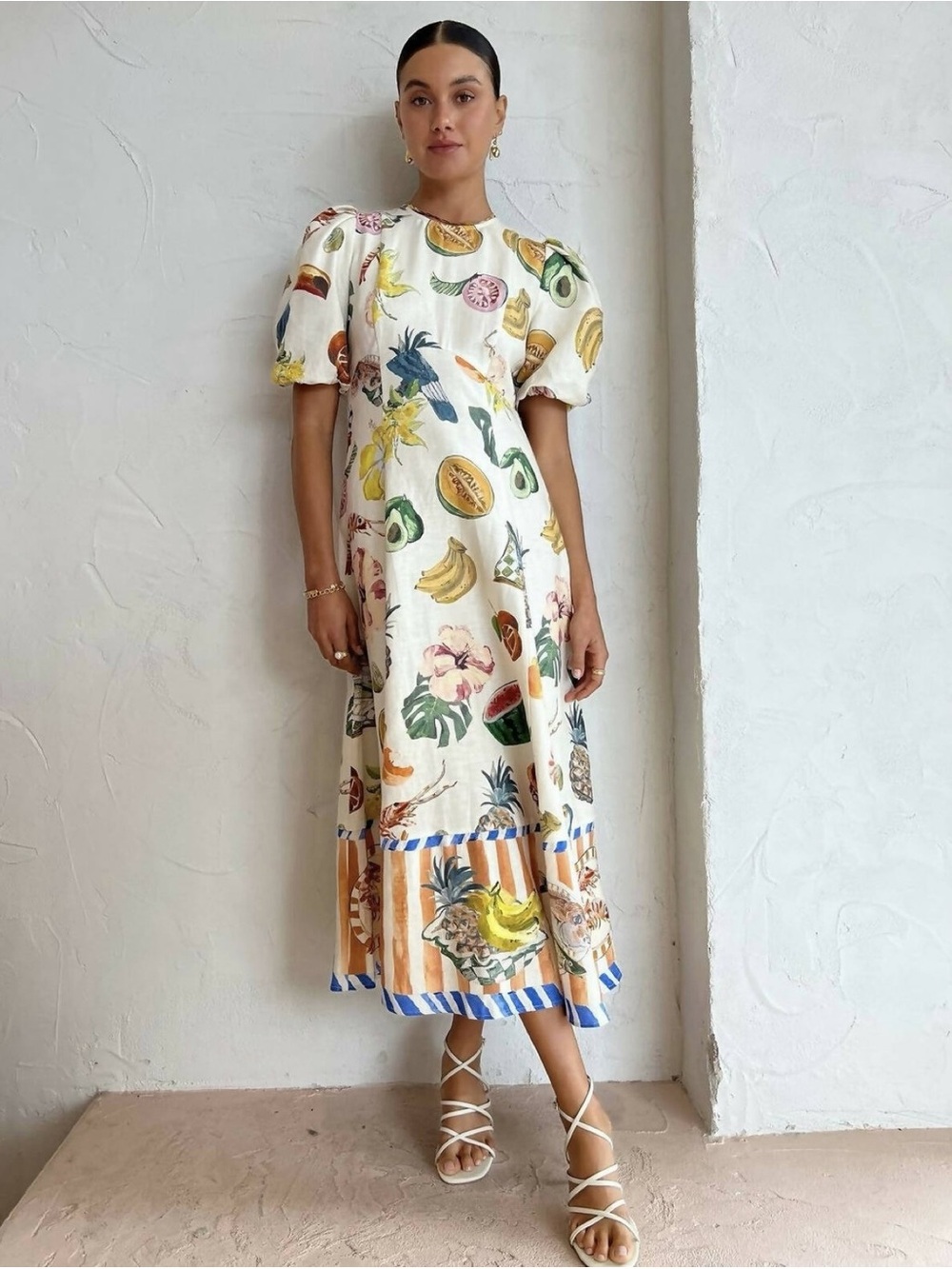ALEMAIS Theo Printed Linen-blend tropical Midi Dress Size 0